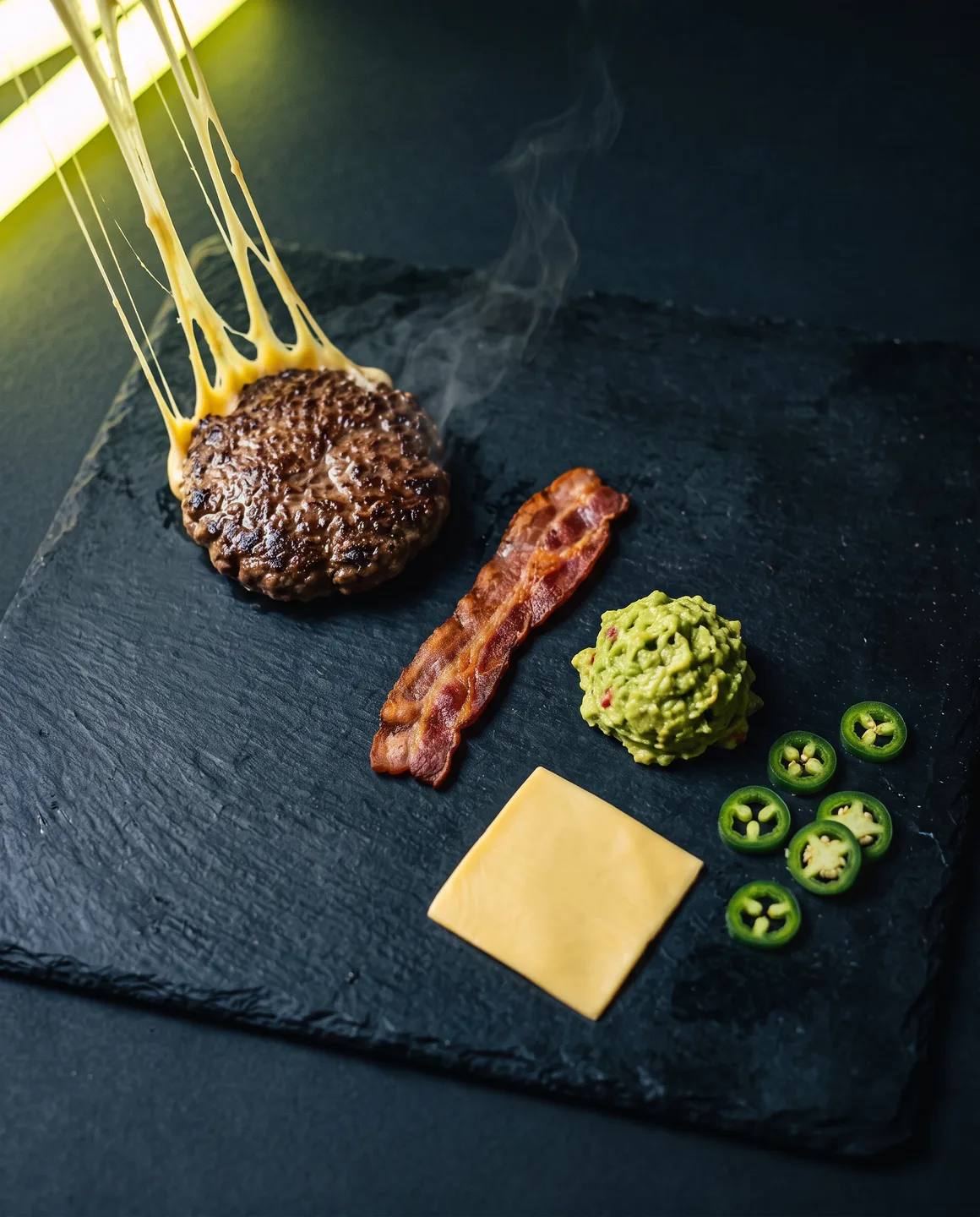Los componentes de La Cuadra vistos desde arriba: carne, tocino, guacamol, queso y jalapeños sobre fondo negro