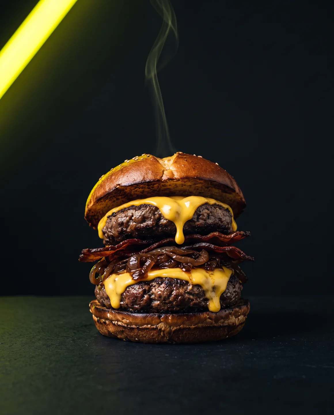 La del Barrio: hamburguesa doble con doble queso derretido, tocino y cebolla caramelizada en pan brioche tostado