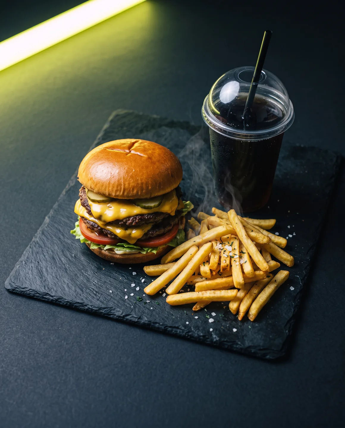 Combo de La Cuadra en bandeja negra mate: hamburguesa, papas de la casa y una bebida