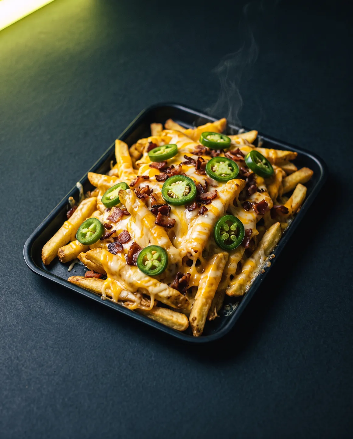 Papas cargadas de La Cuadra: papas de la casa bajo queso derretido, tocino crocante y aros de jalapeño