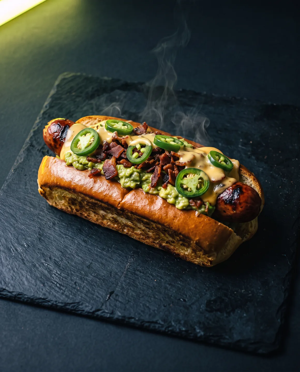 Dog de la Cuadra: hot dog cargado con tocino, guacamol, jalapeño en rodajas y queso derretido