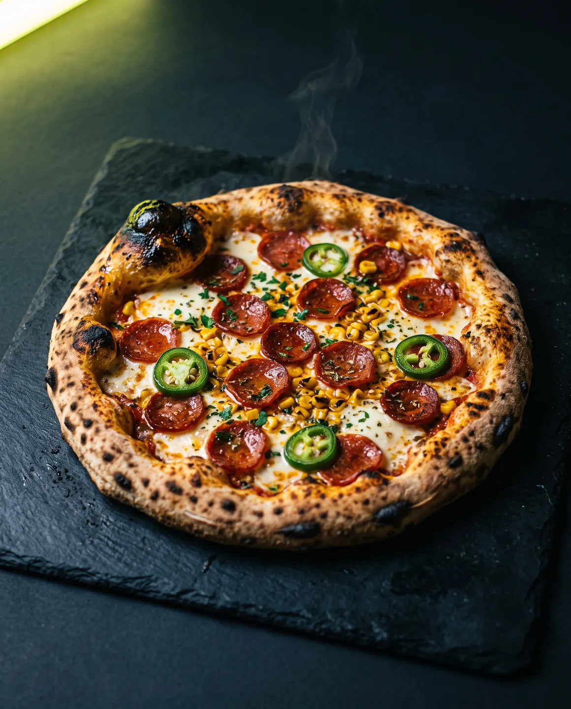 Pizza La Cuadra recién salida del horno, con peperoni, chorizo, jalapeño y maíz sobre masa de 48 horas